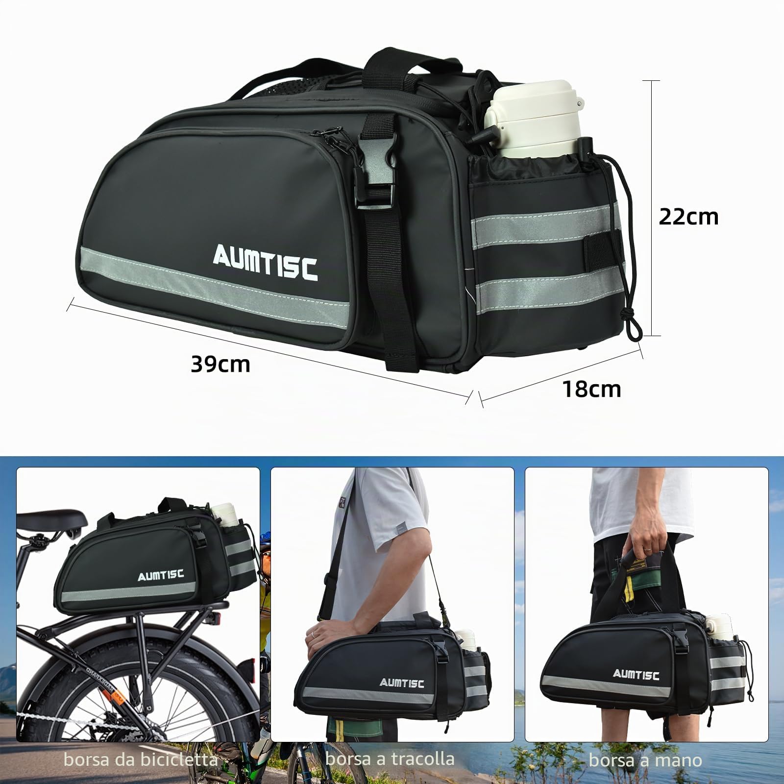 AUMTISC Borsa da bicicletta per portapacchi, 15 l impermeabile e riflettente con tracolla e portabottiglie con parapioggia