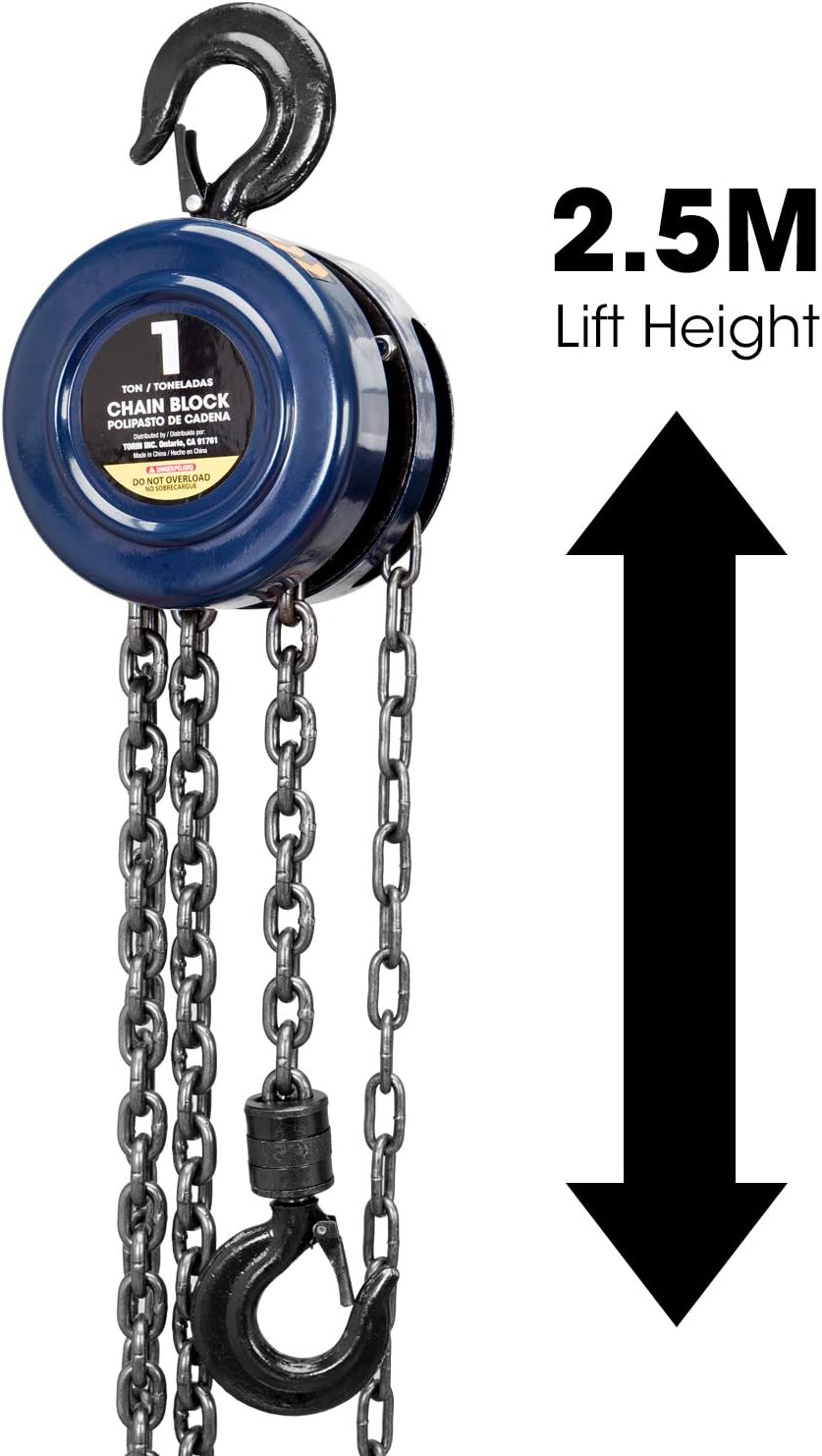 TCE ATR9010U Torin Manual Hand Lift Steel Chain Block Hoist with 2 Heavy Duty Hooks, 1 Ton (2,000 lb) Capacity,8ft/2.5m Blue