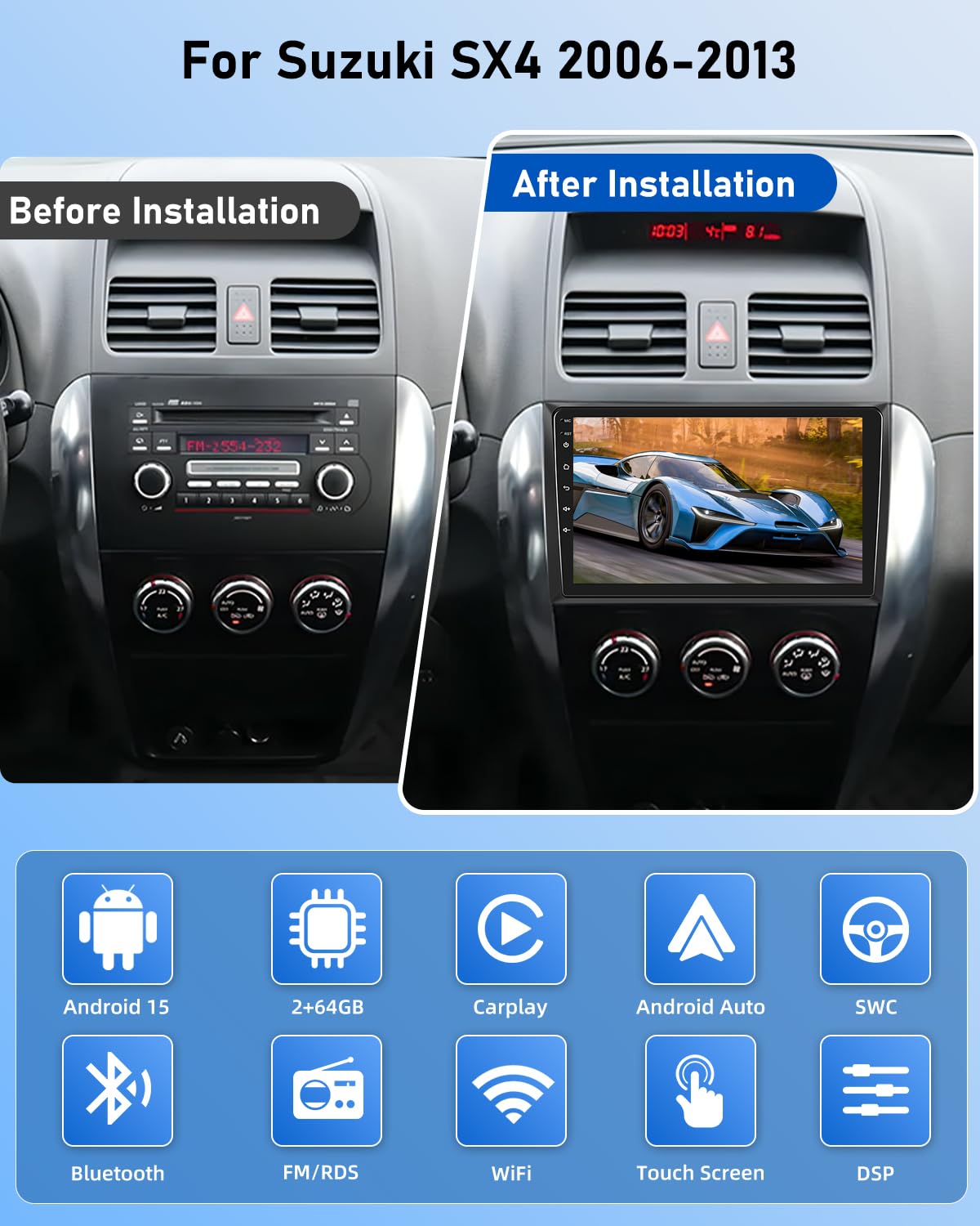 NHOPEEW 2G+64G Android Autoradio per Suzuki SX4 2006-2013 - Senza fili Carplay e Android Auto - 9 pollici Android Stereo con WiFi EQ GPS Mirror Link FM RDS + AHD Telecamera posteriore&Mic