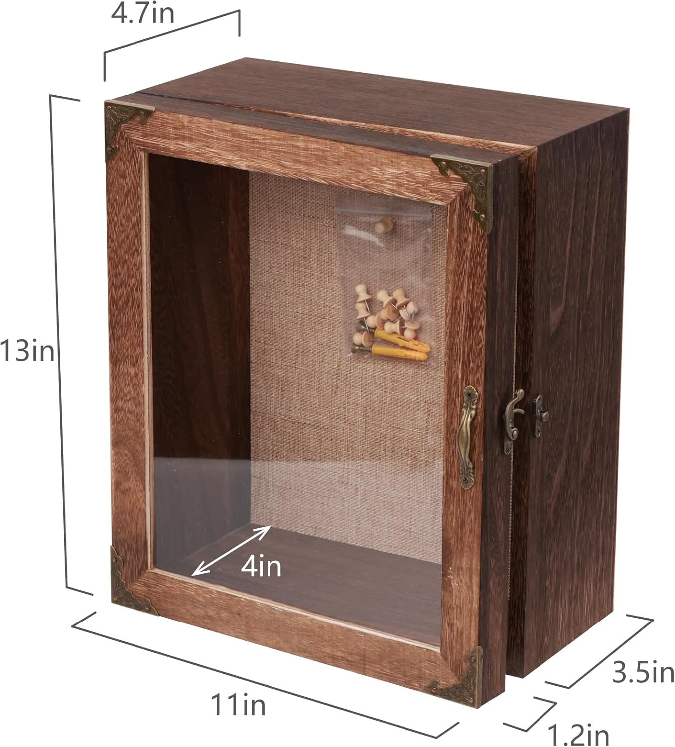 Shadow Box Frame 11x13, Depth 5in Shadow Boxes Display Cases, Rustic Burnt Wood, Vintage Metal Accents, Acrylic Door, Metal Handle and Latch, Linen Back