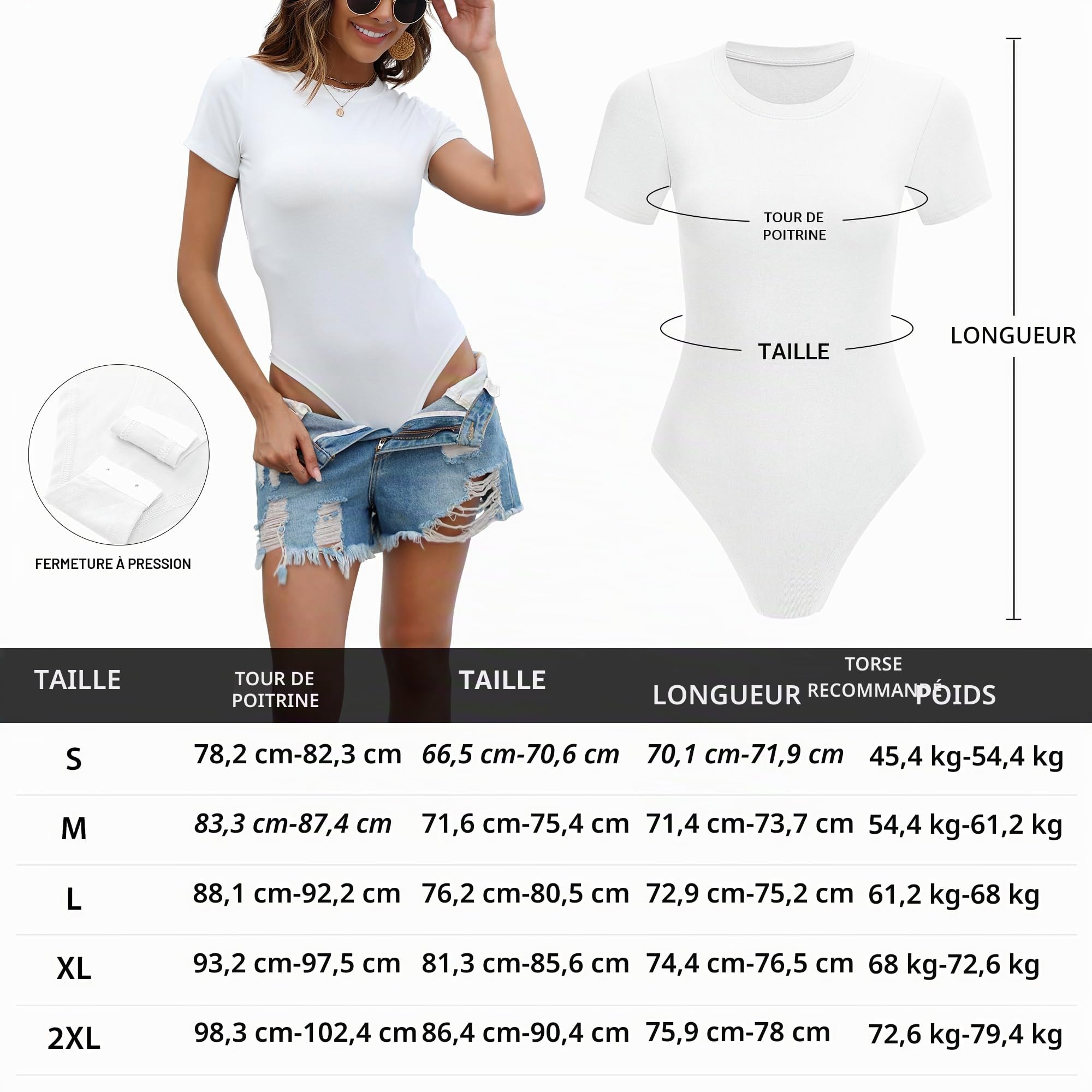 MLYENX Lot de 5 bodies à manches courtes et col rond pour femme - Décontracté - Extensible - Basique
