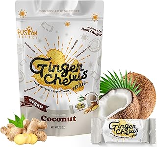 Fusion Select Coconut Ginger Chews - Sweet Soft Candied Delights From Indonesia - Promotes Relief From Morning Sickness, Upset Stomach - Made from Real Ginger Root, Non-GMO, Vegan Candy