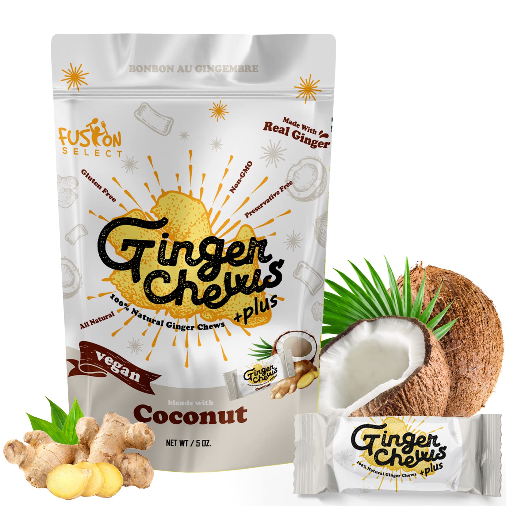 Fusion Select Coconut Ginger Chews - Sweet Soft Candied Delights From Indonesia - Promotes Relief From Morning Sickness, Upset Stomach - Made from Real Ginger Root, Non-GMO, Vegan Candy