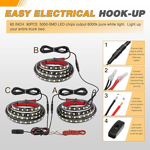 Miniatura 6 de GOOACC Tira de luz para caja de camión, 3 unidades, 60 pulgadas, 270 LED, tira de luces LED blancas impermeables para camiones de 12 voltios,
