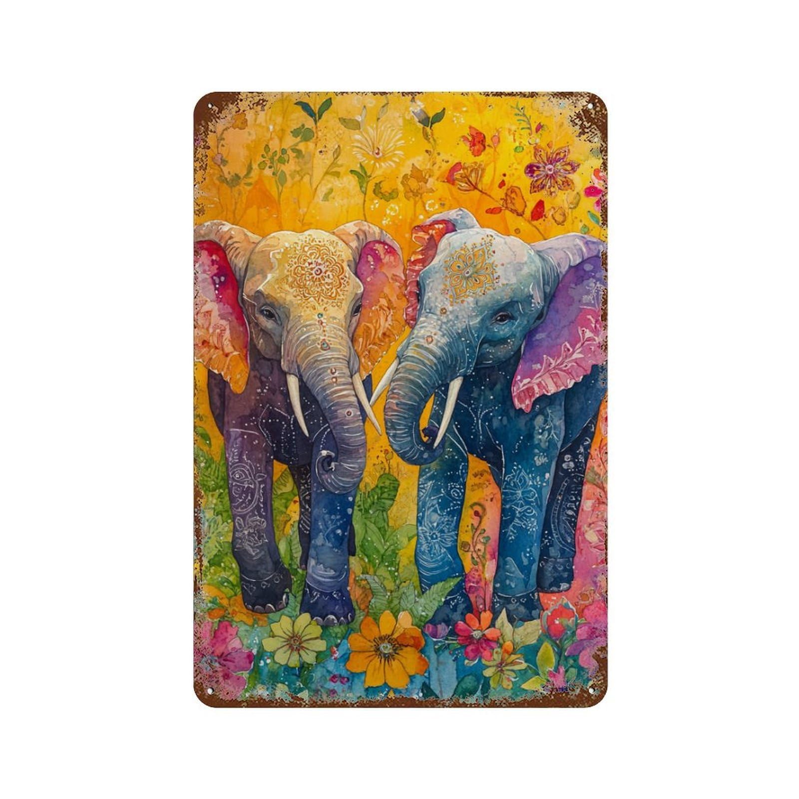 Colorful Elephant Art Print Rust Effect Tin Sign 11.8"x7.9", Industrial Home Decor for Cafe, Home Bar And Lounge Decor