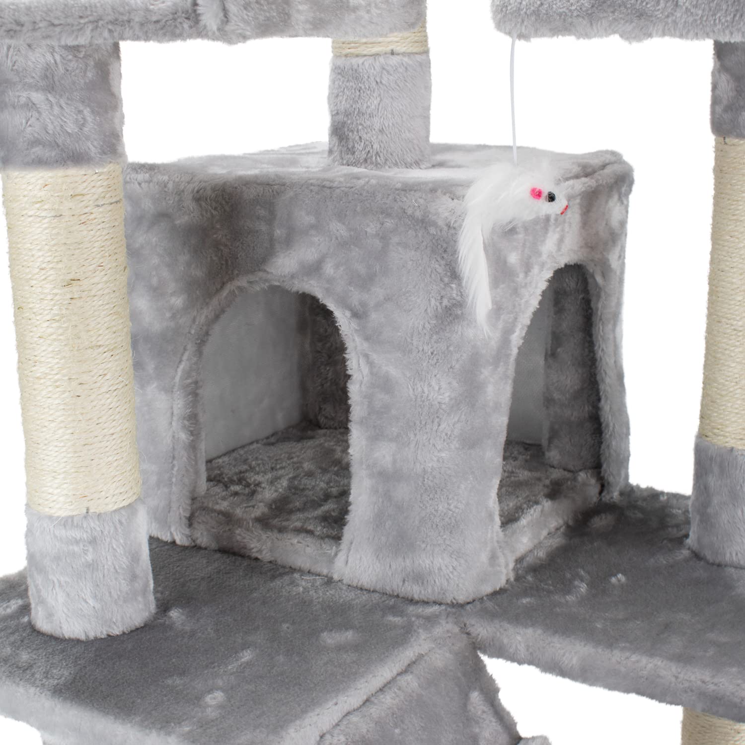 AQPET Tiragraffi XXL 170cm per Gatti con Cuccia, Albero Gioco Multifunzionale e Parco Giochi Completo, Colore Grigio