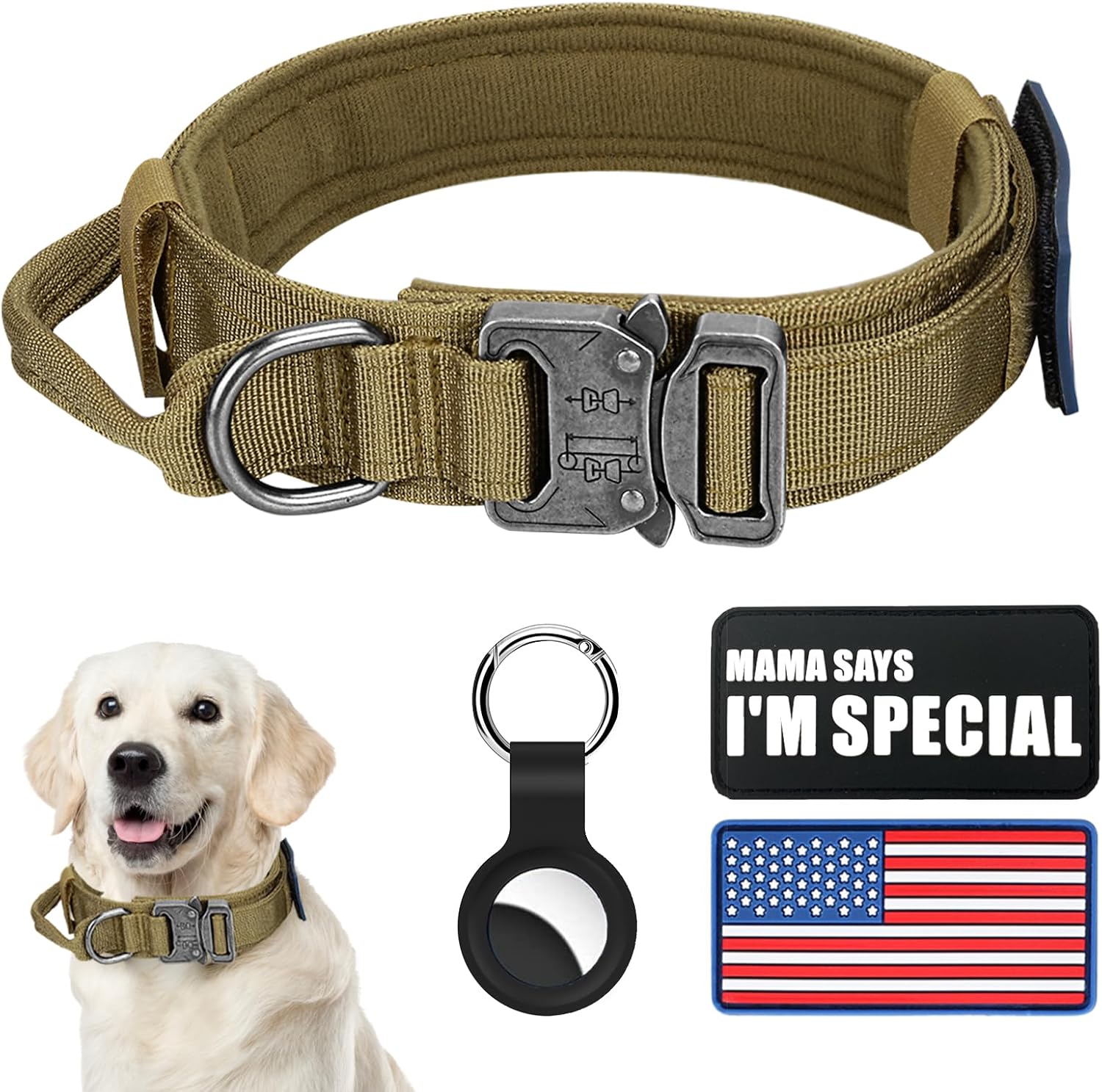 Tactical Dog Collar and Bungee Leash,Military Dog Collar & Leash Set with USA American Flag Adjustable K9 Collar with Heavy Duty Metal Buckle & Handle,with Patches and Airtags Case (M, Black)