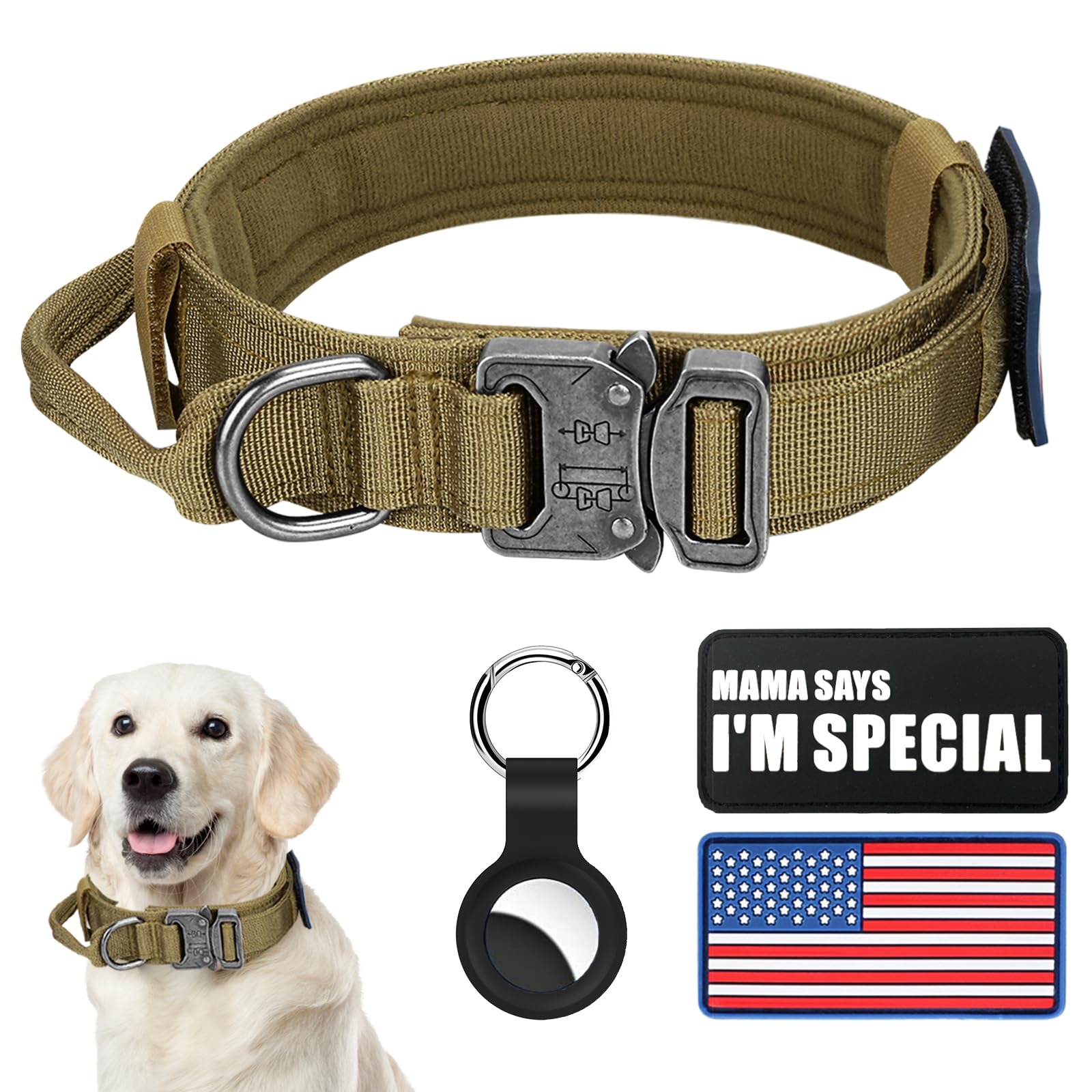 Celifelight Tactical Dog Collar & Leash Set, Military Dog Collar, Adjustable Nylon, Heavy Duty Metal Buckle, with Handle for Dog Training, Airtags