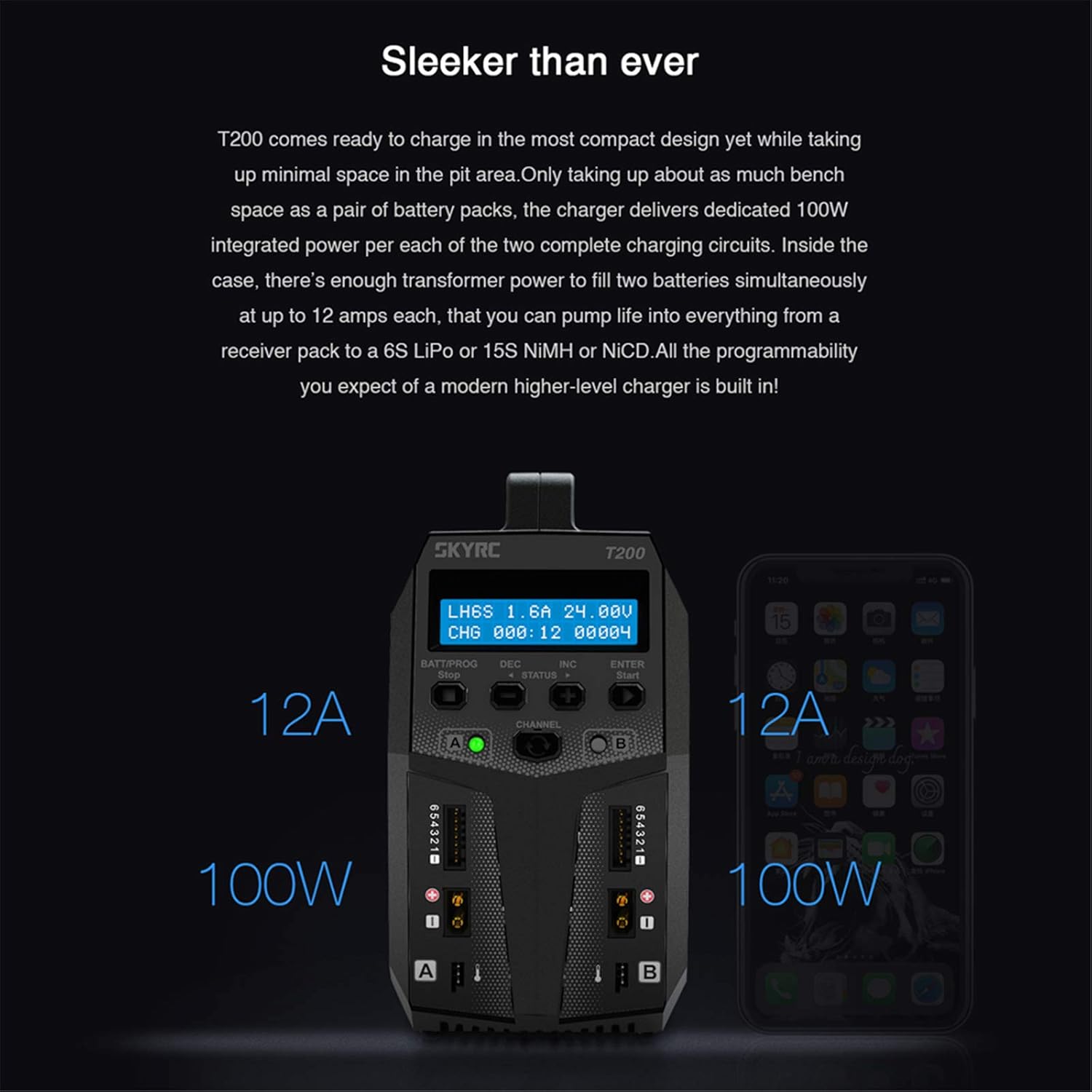 Super Sale 🛒 SKYRC T200 Dual Balance Charger AC100-240V/DC 11-18V Input 12A 100W for LiPo Li-Ion LiHV Life 1-6S / NiMH NiCd 1-15S Battery Pb 2-20V