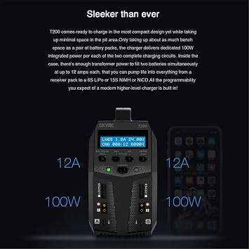 SKYRC T200 Dual Balance Charger AC100-240V/DC 11-18V Input 12A 100W for LiPo Li-Ion LiHV Life 1-6S / NiMH NiCd 1-15S Battery Pb 2-20V