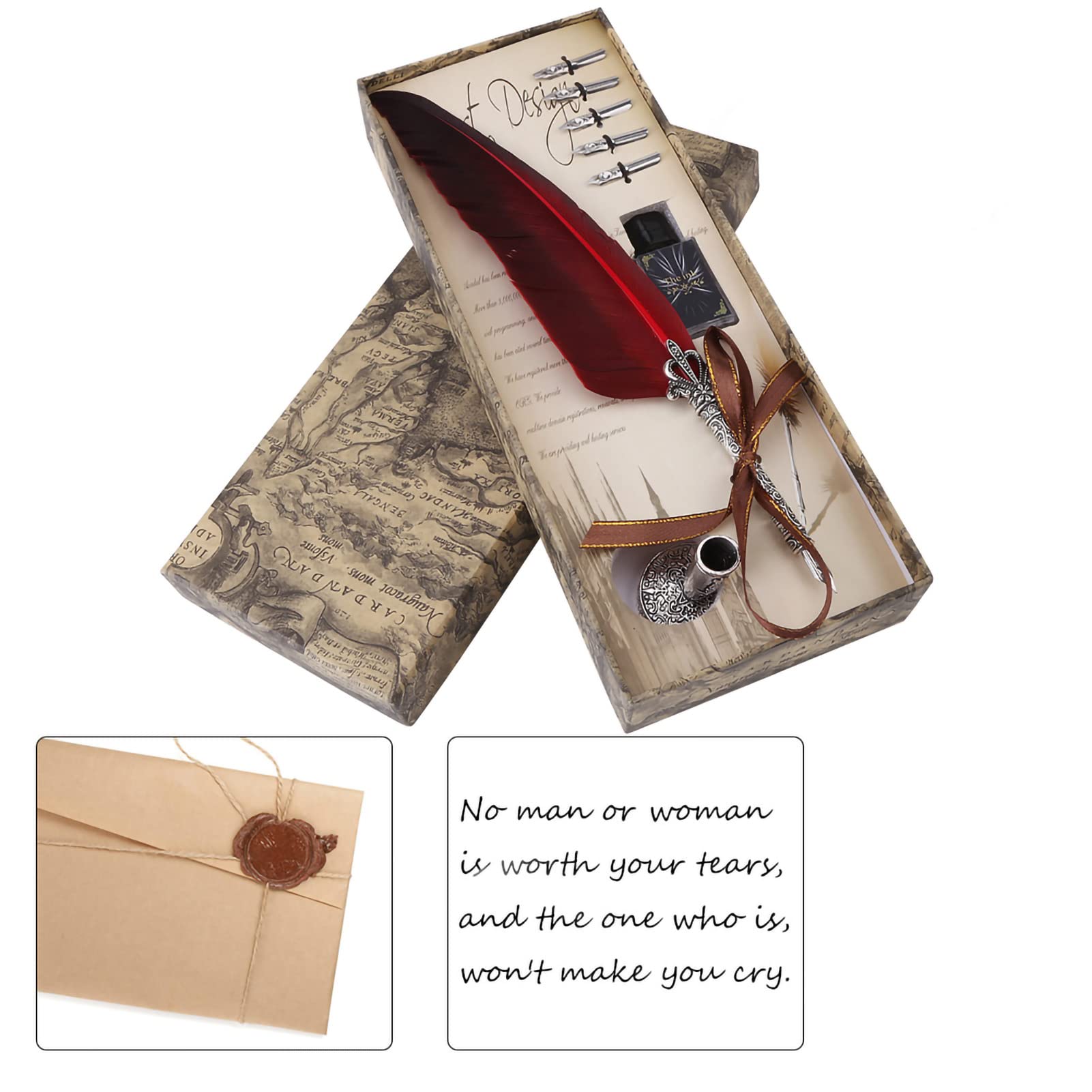 Ejoyous Quill Pen Set, Dip Pen Fatto a Mano Penna D'annata Della D'annata di Scrittura di Calligrafia Penna Stilografica Antica con Inchiostro Calligrafico, 5 Pennini di Ricambio