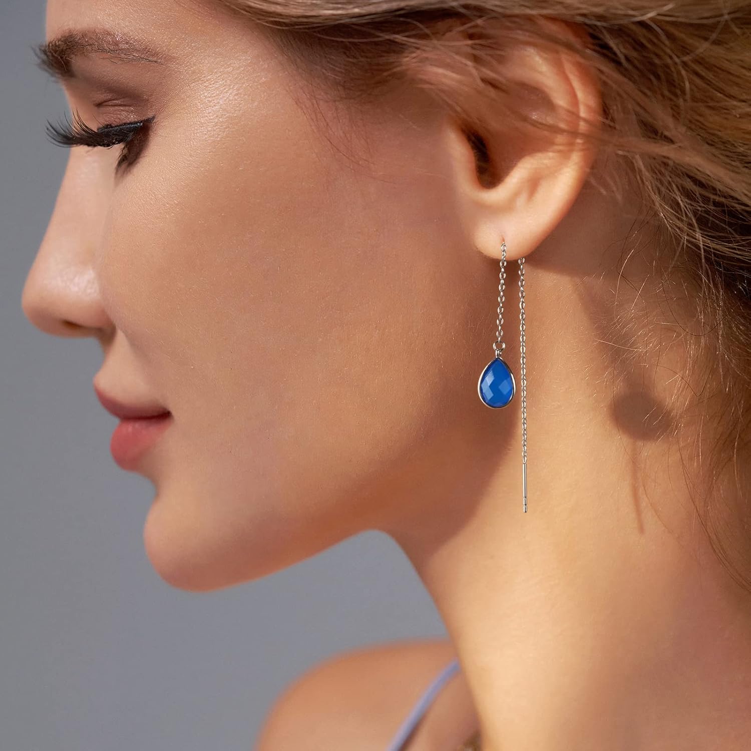 Threader Earrings for Women, Natural Labradorite/Moonstone Dangle Earrings Gemstone Birthstone Drop Earrings Fashion Jewelry Gifts for Women Girls