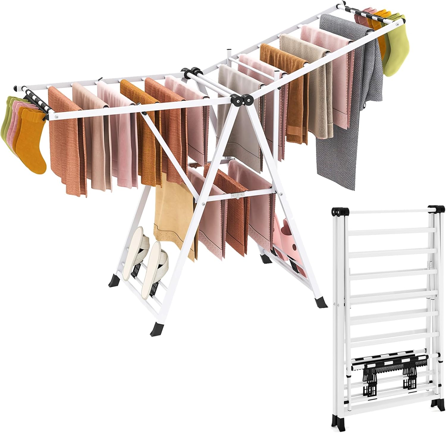 COSTWAY Clothes Drying Rack, Foldable 2-Level Laundry Drying Rack with Adjustable Wings, 16 Drying Rails, 28 Sock Clips & 4 Shoe Racks, Space Saving Metal Clothing Racks for Indoor & Outdoor, White