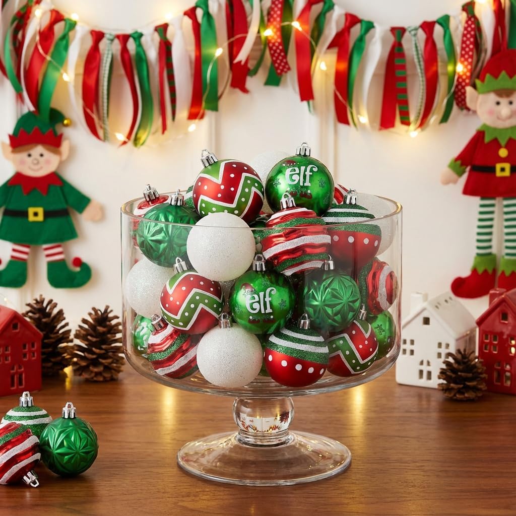Valery Madelyn Christmas Ornaments Set, 30ct Elf Red Green White Shatterproof Christmas Tree Decorations Set, 2.36 Inch Decorative Hanging Ball Ornaments Bulk for Xmas Holiday Party Indoor Decor
