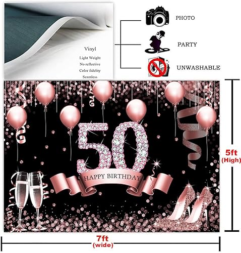 Miniatura 6 de Sensfun Telón de fondo de oro rosa con la frase "Happy 50th Birthday" para mujer, globos de diamantes con purpurina, tacones altos, fondo de