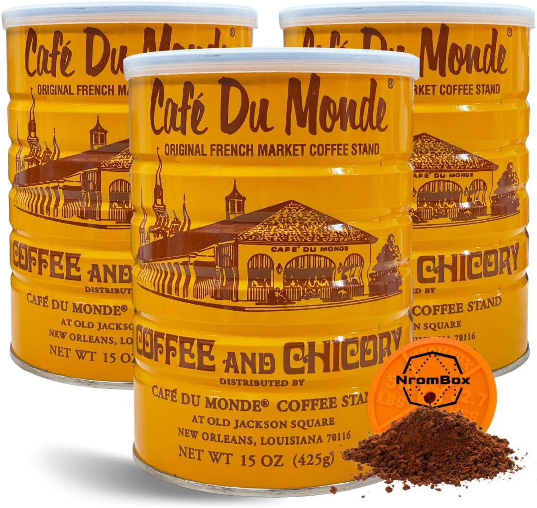 Cafe Du Monde Coffee and Chicory -15oz Medium Ground Cans (Pack of 3) | NROMBOX Barbell Bumper Plate Drink Coasters | Round Coasters for Coffee Table | Fitness Gym Accessories Gift(Color May Vary).