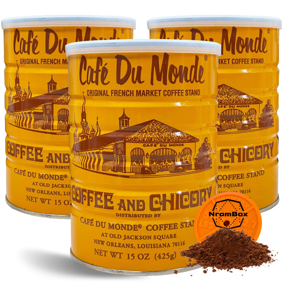 Cafe Du Monde Coffee and Chicory -15oz Medium Ground Cans (Pack of 3) | NROMBOX Barbell Bumper Plate Drink Coasters | Round Coasters for Coffee Table | Fitness Gym Accessories Gift(Color May Vary).