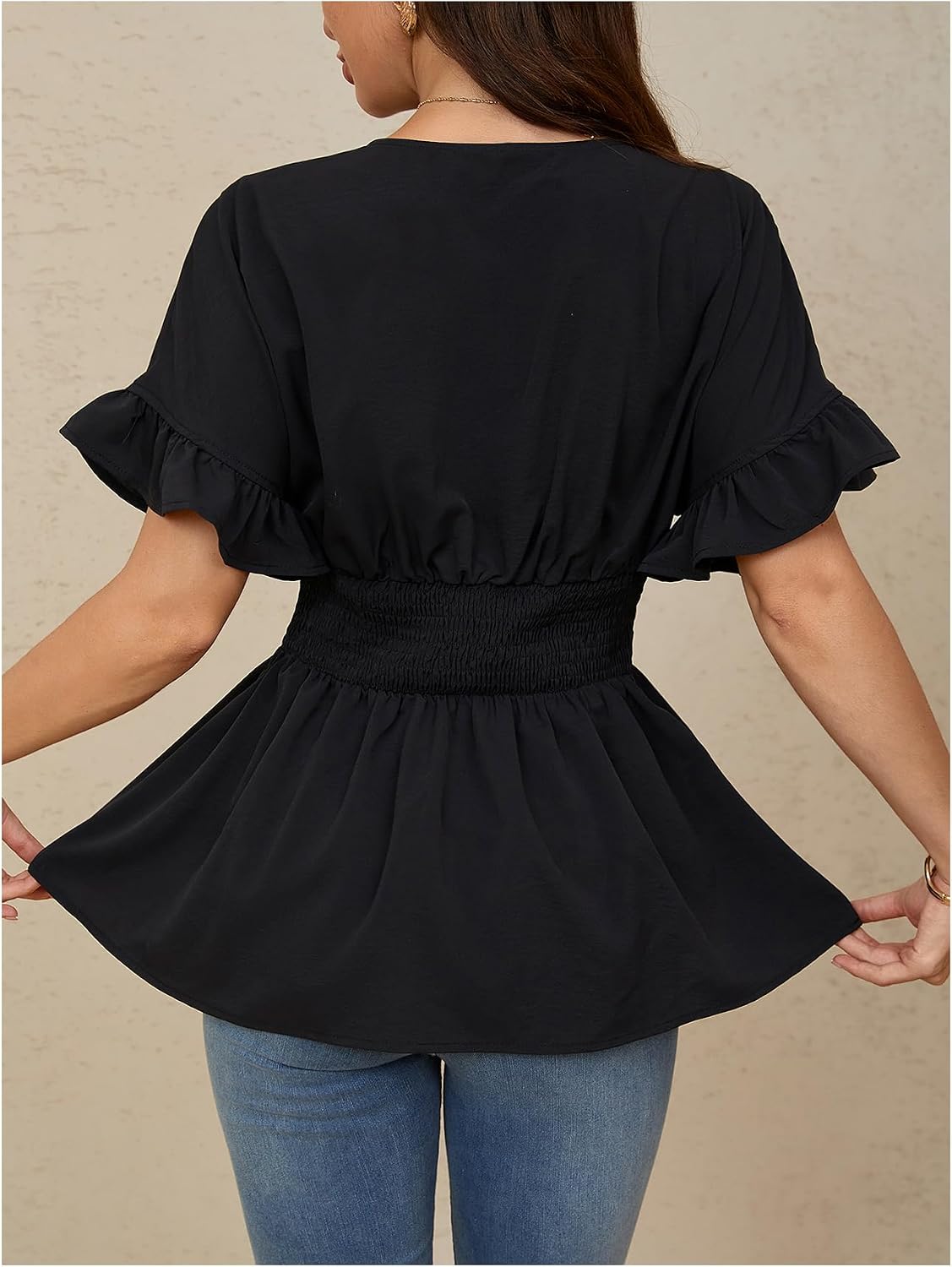 MakeMeChic Women's Wrap V Neck Peplum Tops | Business Casual Tops for Women, Ruched, Ruffle, Babydoll Tops, Long Sleeve Blouse Shirts