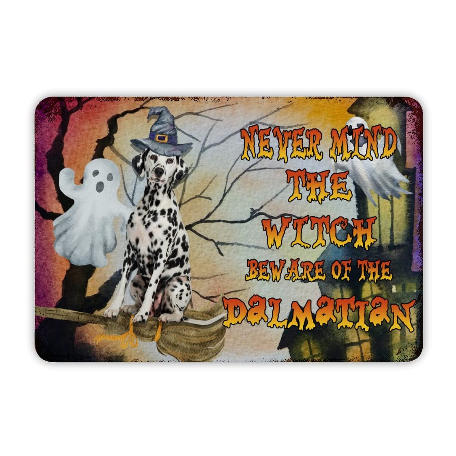 ENEDNATE Happy Halloween Never Mind The Witch Beware of The Dog Aluminum Tin Sign 8x12 Inch Waterproof Vintage Metal Sign for School Office Classroom Gate Garage Garden Home Wall Decoration Gifts