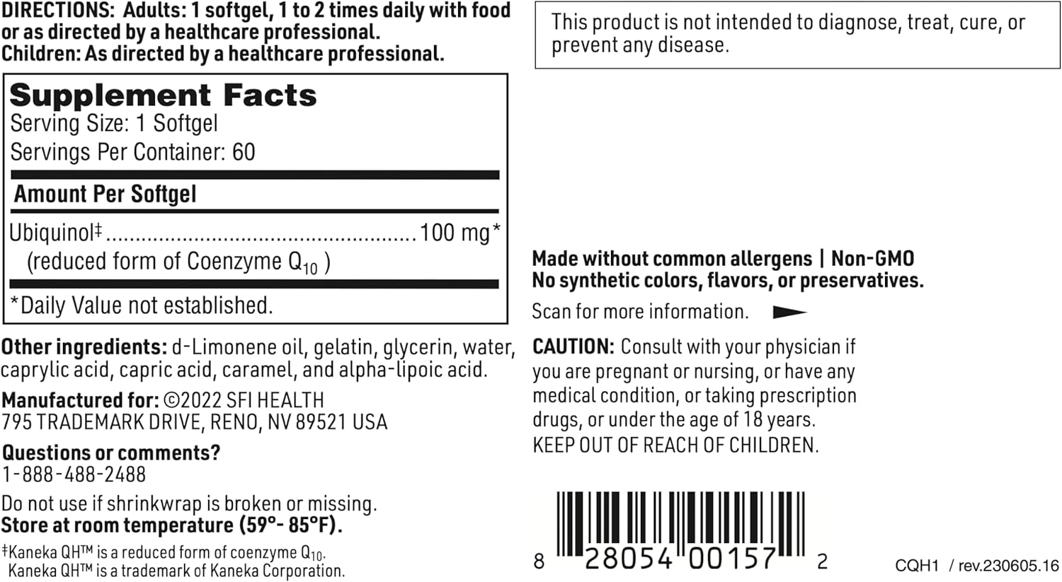 Klaire Labs SFI Health CoQH - Hypoallergenic 100 Milligrams Reduced Coenzyme Q10 as Ubiquinol Solubilized in D-Limonene Oil for Mitochondrial Support (60 Softgels)