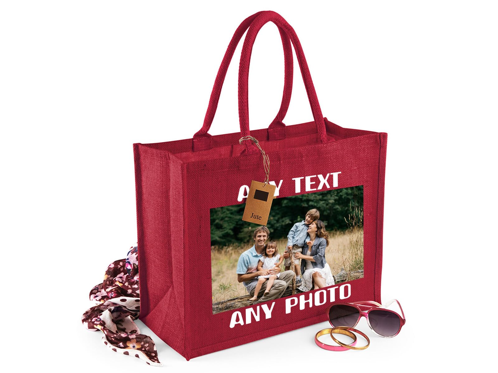 D&T Personalized Canvas Jute Shopping Bag – Customizable Tote with Your Name, Image, or Text – Reusable Grocery or Gift Bag – Stylish & Durable Natural Fiber Handbag Red
