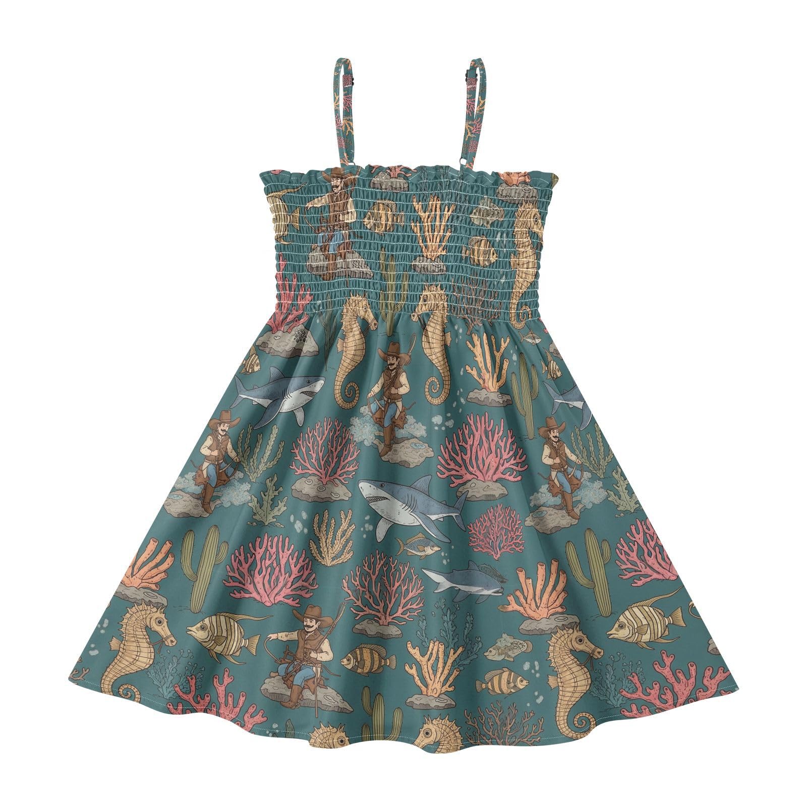 Girls' Casual Dress Cowboy Sea Horse Sleeveless Smocked Spaghetti Strap Dress Sundress 2-8T