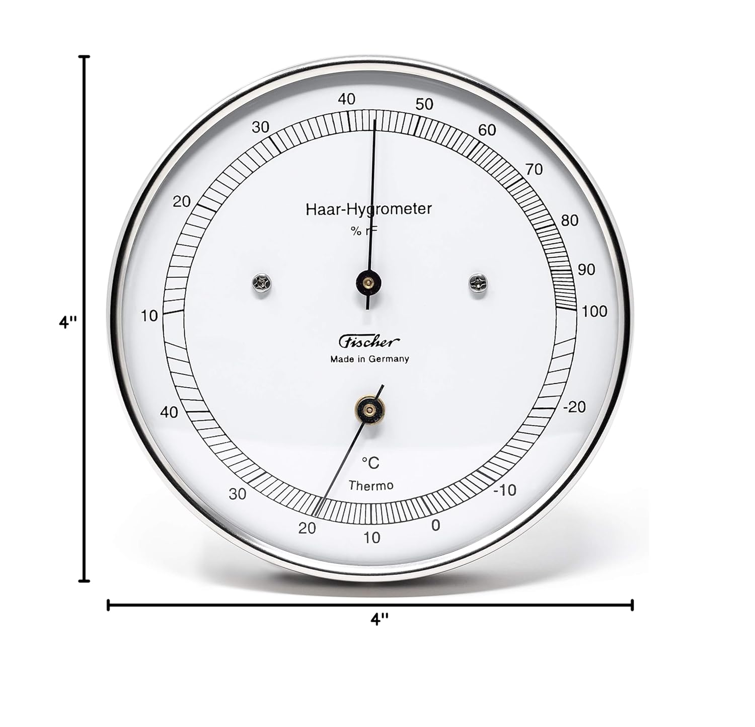 Fischer 111.01T - Hair Hygrometer & Thermometer - 103 mm Outdoor Humidity Meter Made in Germany - Stainless Steel Silver