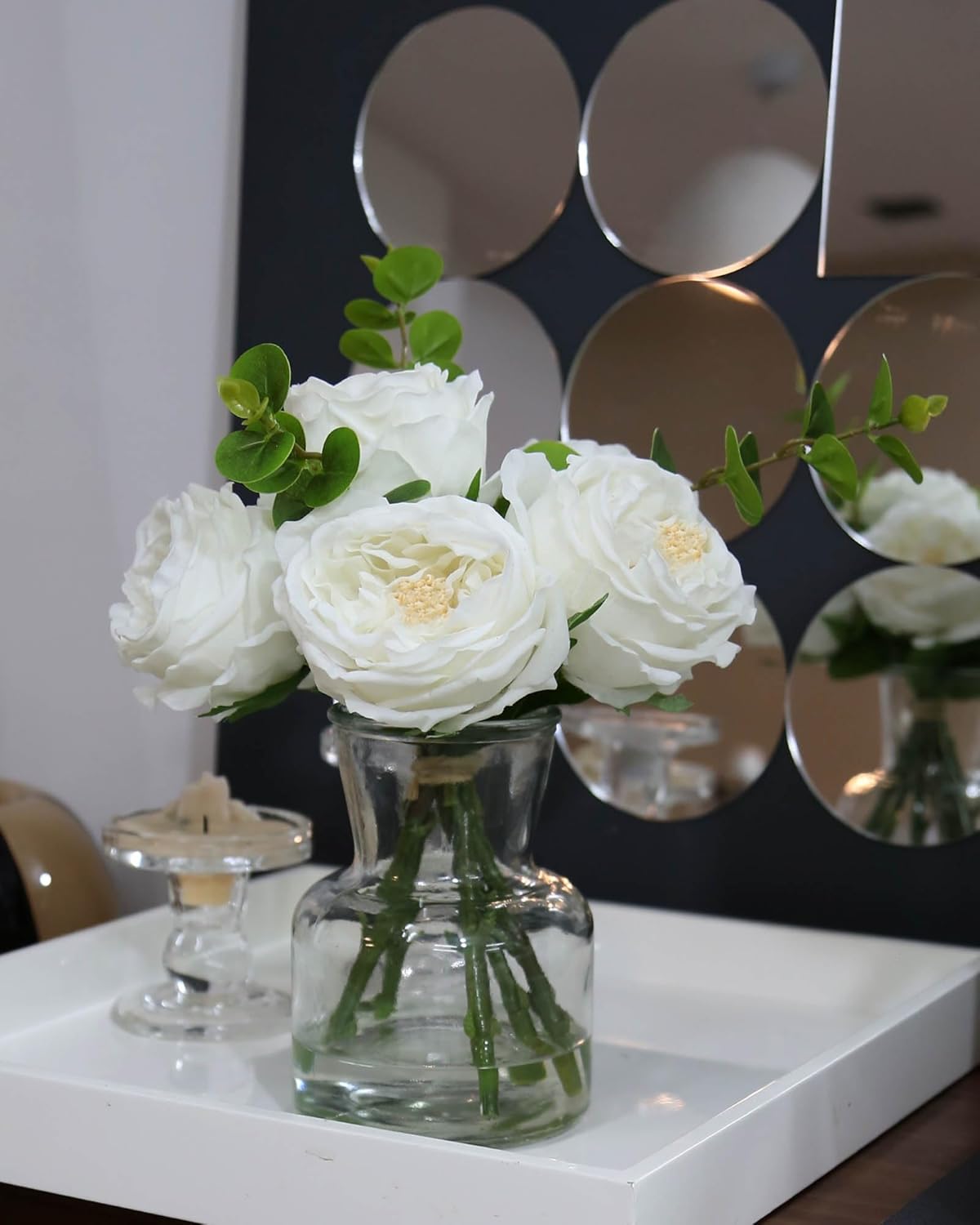 Artificial Flowers with White Roses in Vase, Fix Lifelike Fake Flowers in Vase with Artificial Water, Faux Flower Arrangements for Dining Table Centerpiece Decor