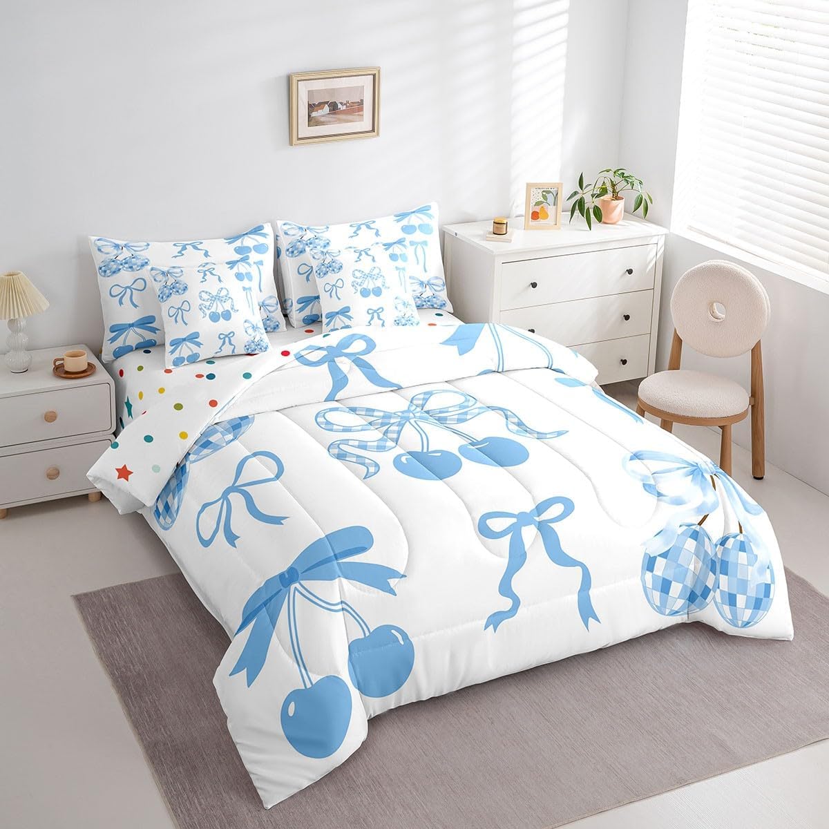 Kawaii Blue Bow Kids Comforter Set With Sheets For Boys Girls Twin Size,Cute Bowknot Princess Bed In A Bag,Coquette Bow Knot Soft Bedding Sets,Watercolor Ribbon E1 Western Preppy Room Decor