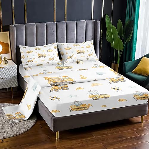 BailiPromise Juego de sábanas de coche de dibujos animados para niños, juego de ropa de cama de vehículos de construcción amarillos para