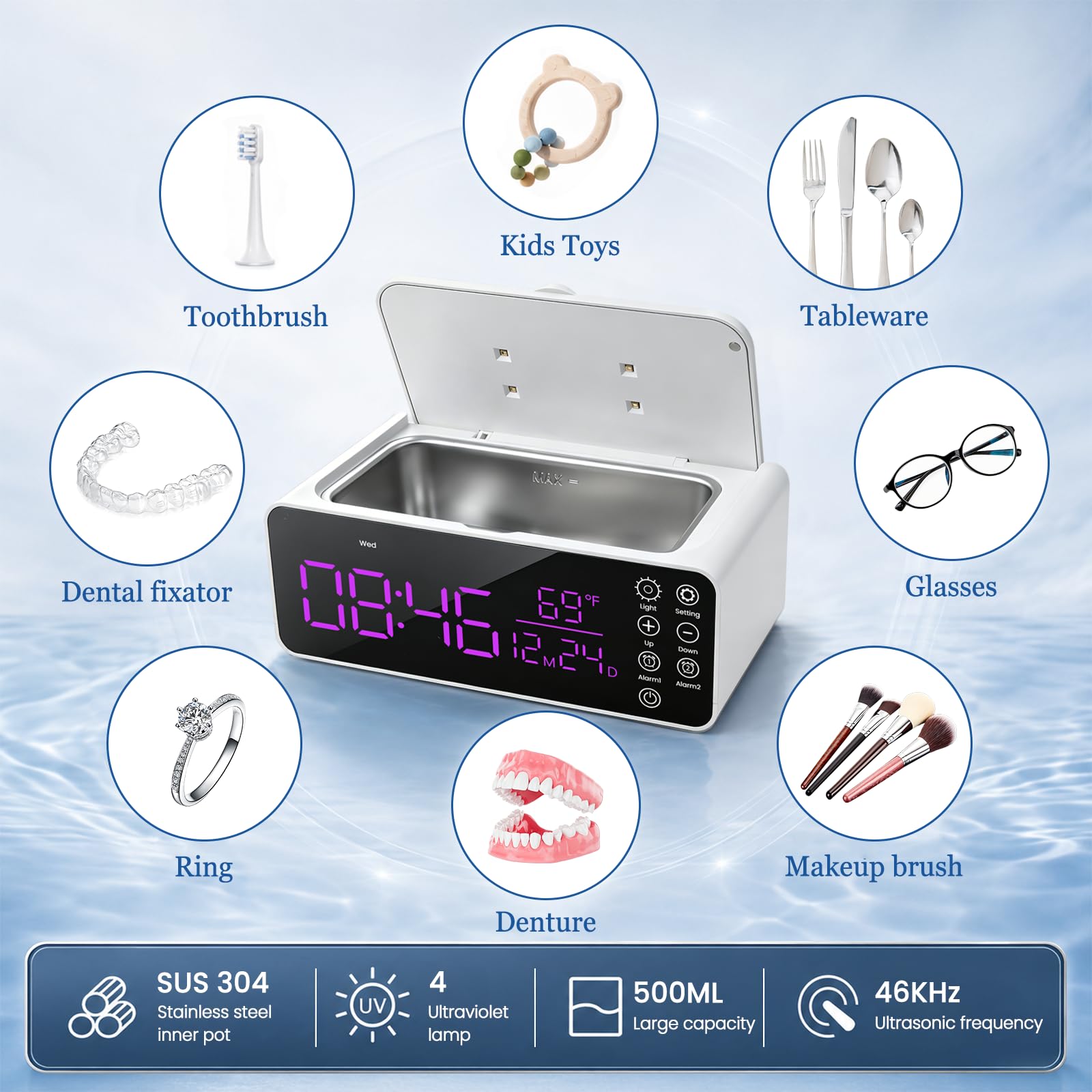 Dispositivo di pulizia a ultrasuoni, 48 kHz, 500 ml, dispositivo a ultrasuoni con sveglia, pulitore a ultrasuoni con display LCD, per apparecchi dentali, occhiali, anelli, orologi, incluso panno per