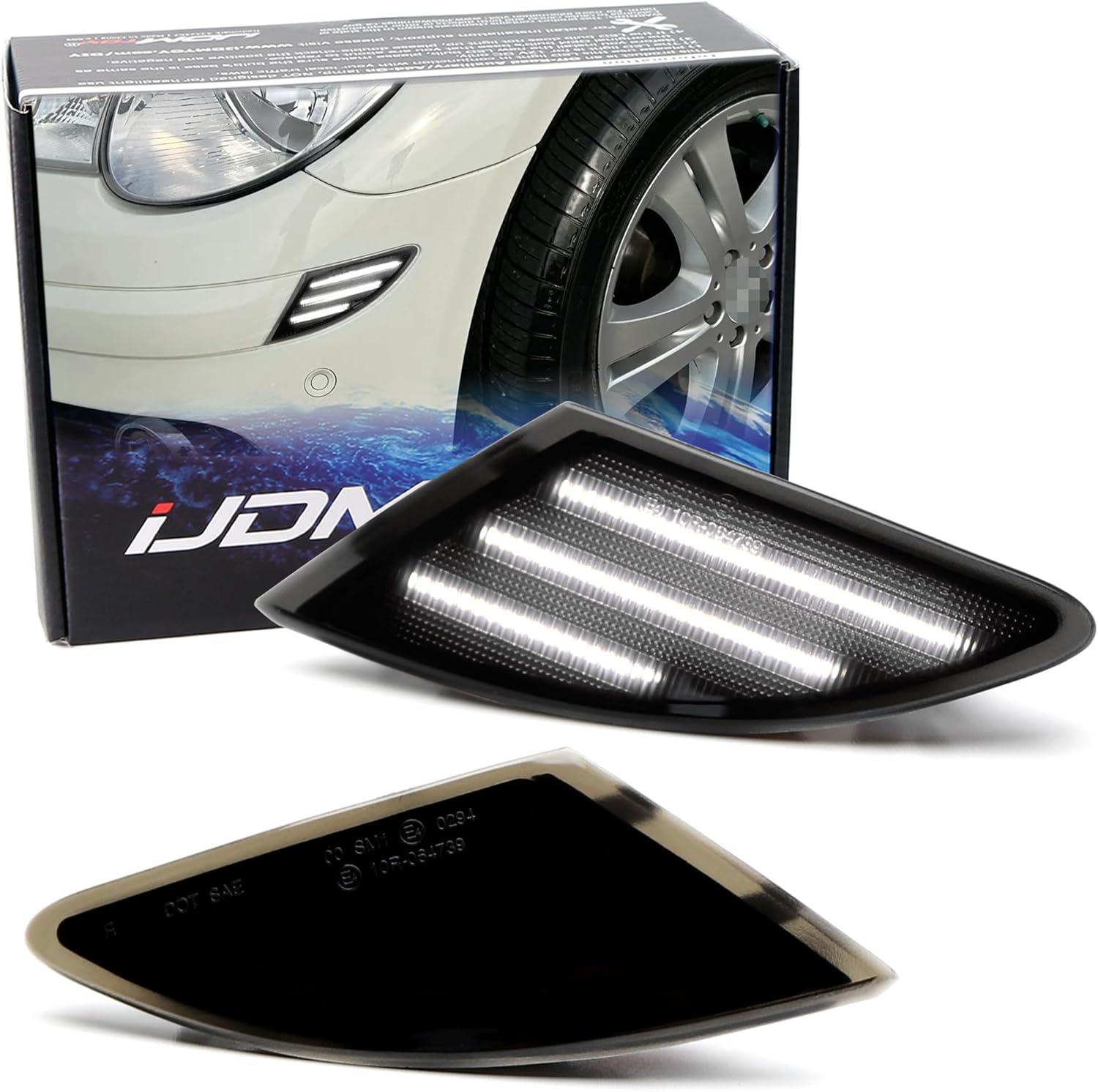 iJDMTOY Black-Out Smoked Lens 36-SMD White Full LED Bumper Side Marker Lights Compatible With 2006-2010 Mercedes-Benz W251 R-Class, Replace OEM Amber Front Sidemarkers
