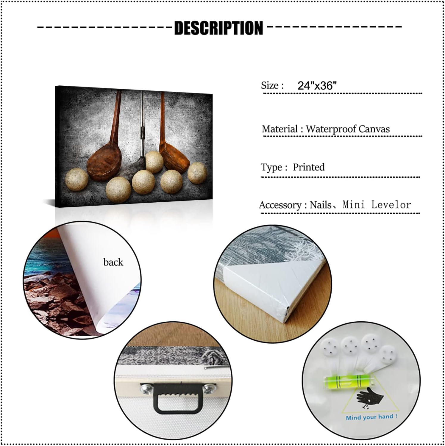 SkenoArt Golf Canvas Artwork Golf Sport Wall Art Black White Brown Painting Leisure Picture Print Vintage Artwork Home Bedroom Game Room Playroom Club Wall Decor Stretched and Framed - Image 7