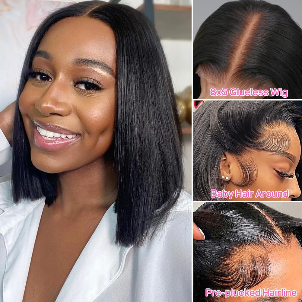 Straight Bob Wig Human Hair for Women 12 inch 8x5 Hd Glueless Wigs Human Hair Pre Plucked Pre Cut 150% Density Short Bob Lace Front Wigs Human Hair Natural Black Color