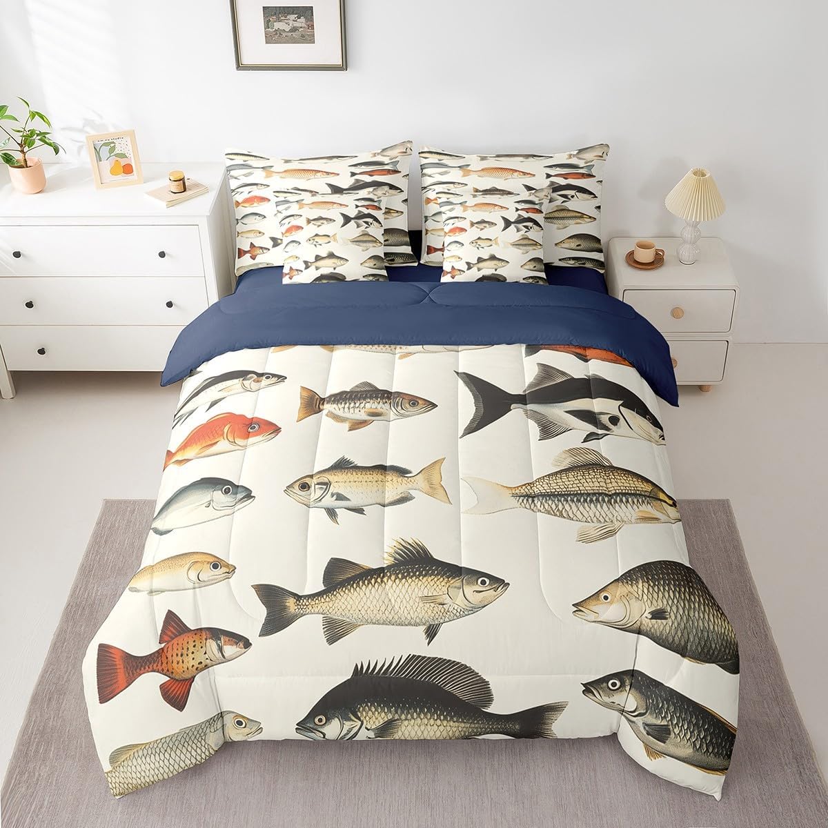 Erosebridal Hunting Fish Bedding Sets, Vintage Pike Fish Soft 7 Piece Queen Comforter Set for Kids Boys Girls, Hunting and Fishing Print Bed in a Bag Bed Set for Bedroom, Animals Sea Life Sheets Set