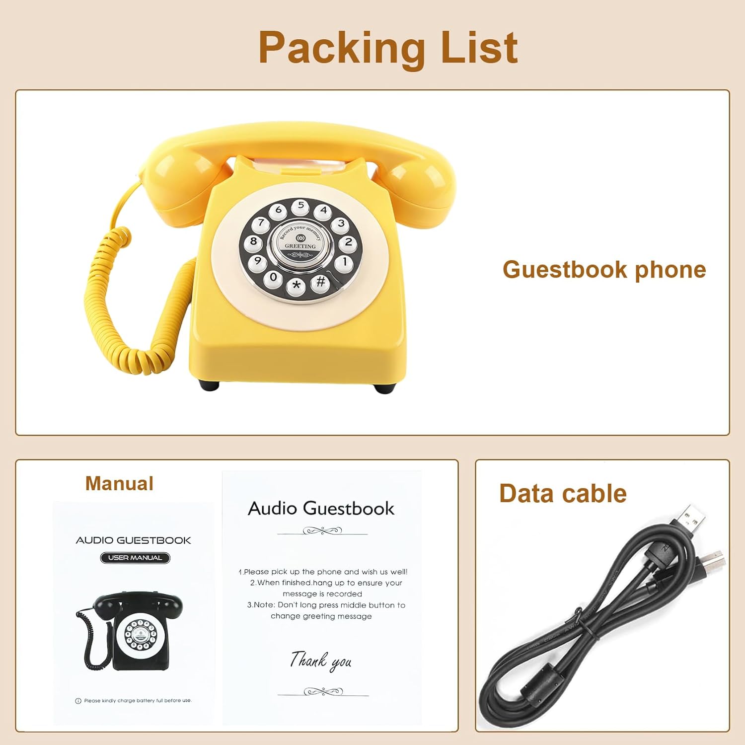 TelPal Voice Recording Audio Guest Book – Guest Book Phone for Weddings, Bridal Showers, Anniversaries | Retro Telephone Voice Recorder | USB Rechargeable Memory Phone | Unique Wedding Gift (Yellow)