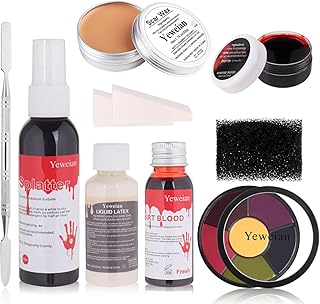 Liquid Latex Scar Wax SFX Makeup Kit with 6 Color Bruise Wheel Face Body Paint+Fake Blood Splatter Spray+Squirt Blood+Coagulated Blood Gel+Spatula Sponges for Halloween Fake Scars Wounds Burns