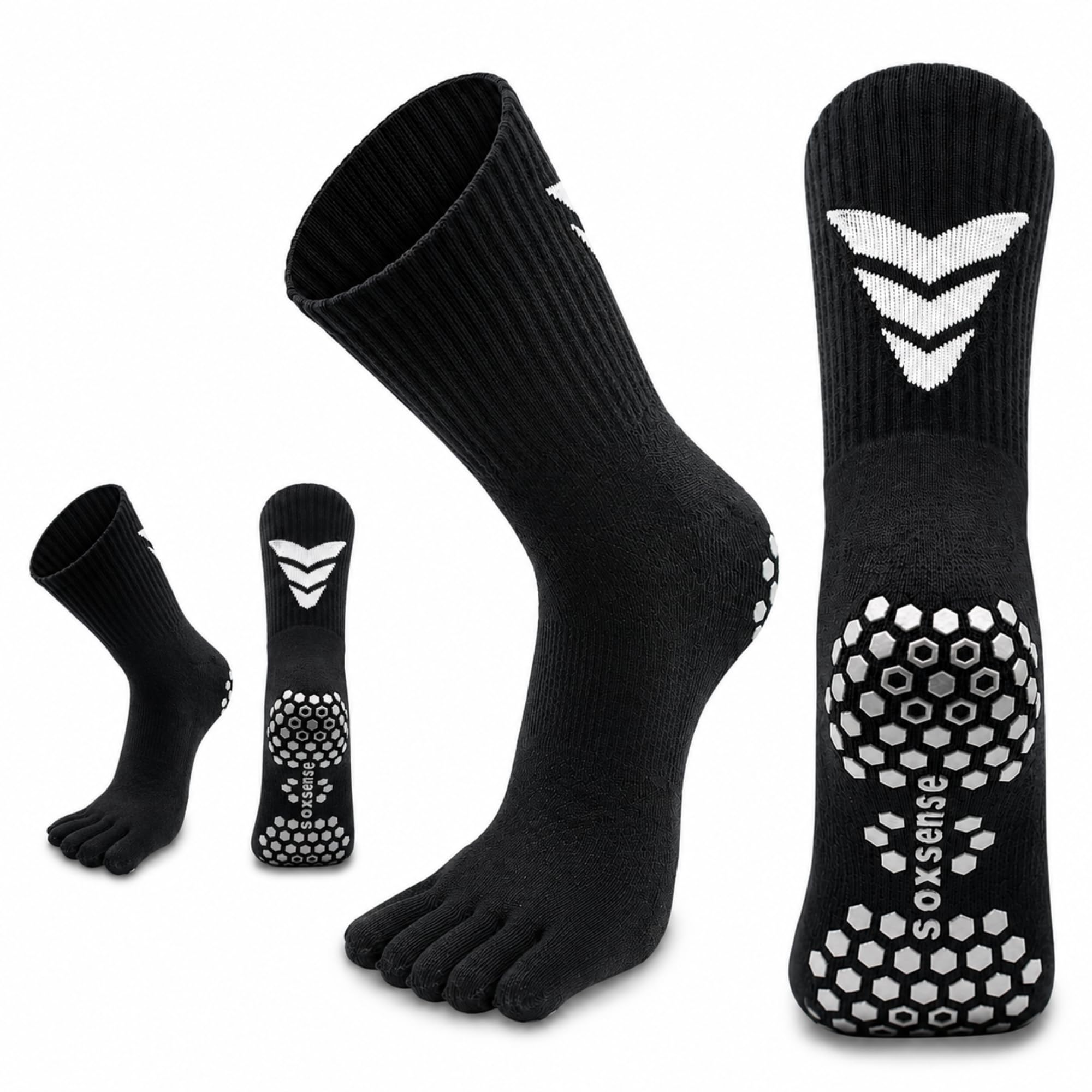 Soxsense Grip Toe Socks with Cushion - Football, Barefoot Workouts, Pilates - Five Finger Crew Socks (2Pairs), Black, Large