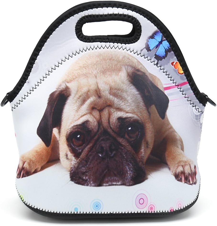 Insulated Neoprene Lunch Bag Removable Shoulder Strap Reusable Thermal Thick Lunch Tote Bags For Women,Teens,Girls,Kids,Baby,Adults-Lunch Boxes For Outdoors,Work,Office,School (Cute Pug)