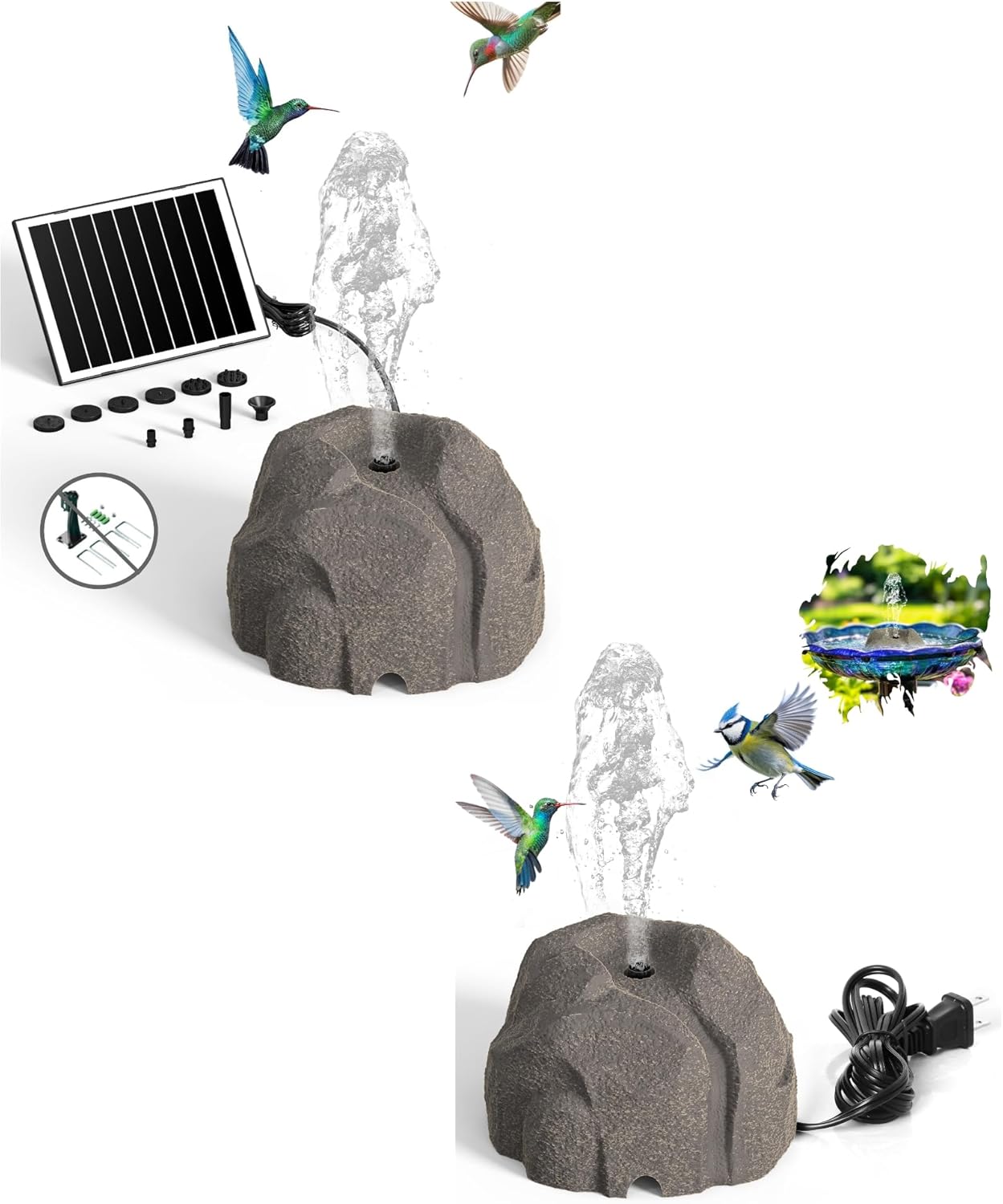 Rock Solar Fountain for Bird Bath & Plug in Fountain for Fish Tank