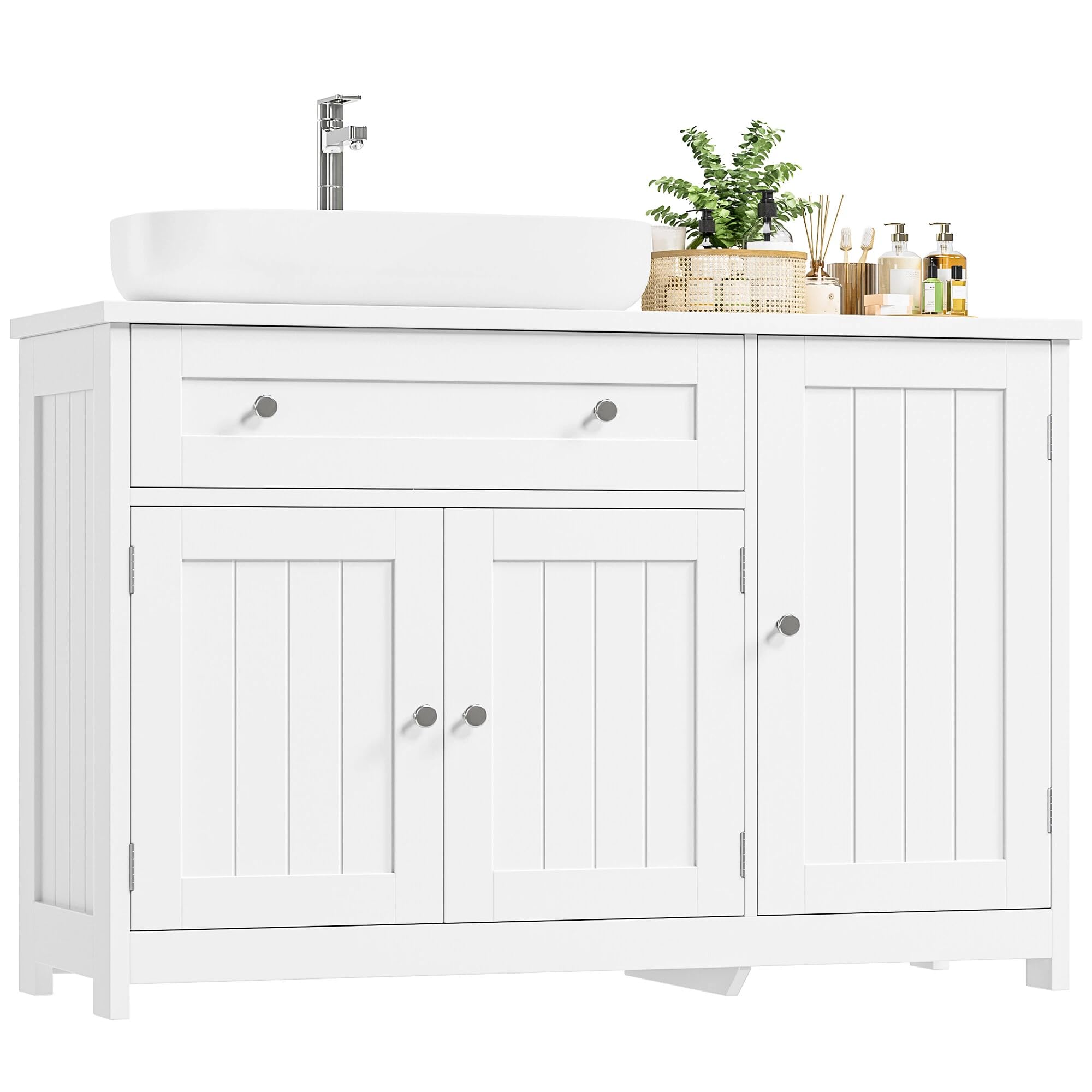 FOREHILL Waschbeckenunterschrank 90cm breit Badezimmer Unterschrank Weiß | Badezimmerschrank mit 3 Türen, 1 Schublade und verstellbarem Regal, 90x30x61,5cm