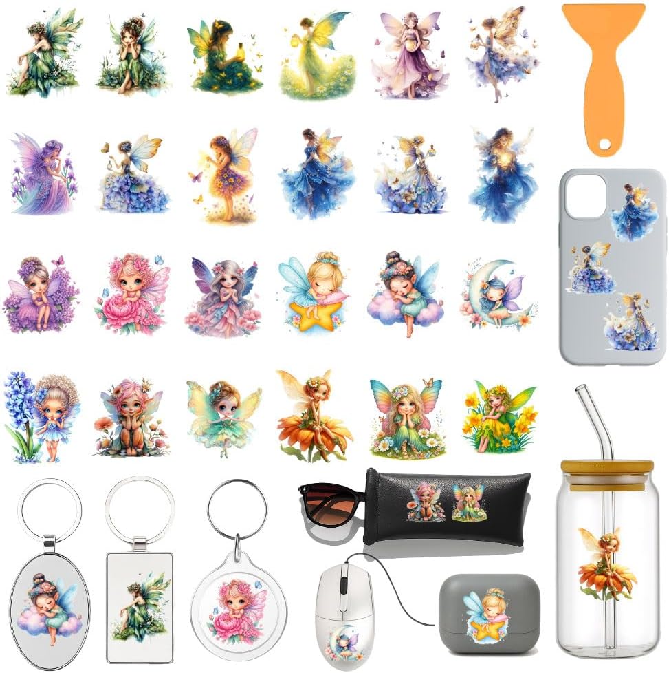 120 Pcs Fairy Motel Keychain Stickers, 10 Sheets Fairy Wing Flower UV DTF Transfer Stickers Waterproof Rub on Transfer Stickers for Hotel Keychain Packaging Card Furniture Decorations