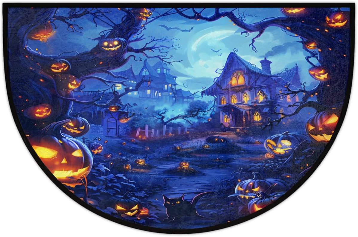 Half Round DoormatHalloween Spooky Blue Pumpkin Washable Semi Circle Area Rug Non Slip Half Moon Rug Holiday Decor Mat for Indoor Outdoor Bathroom Kitchen Welcome Fireplace Hearth Floor Mat