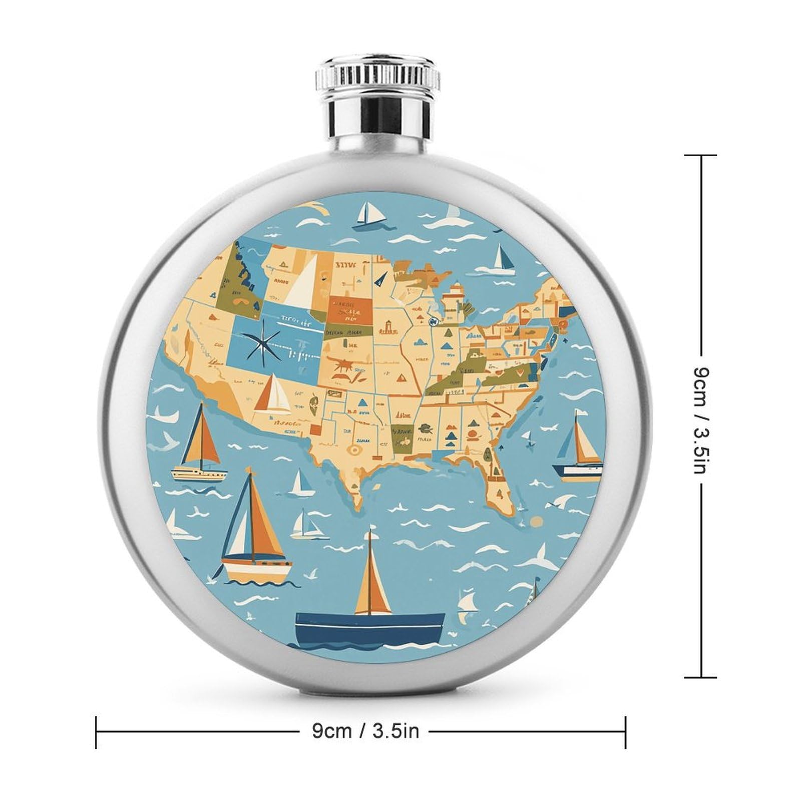 Stainless Steel Wine Bottle Liquor Container Nautical Sailboat Map Print Leak Proof Hip Flask Durable for Camping Hiking Travel Festivals