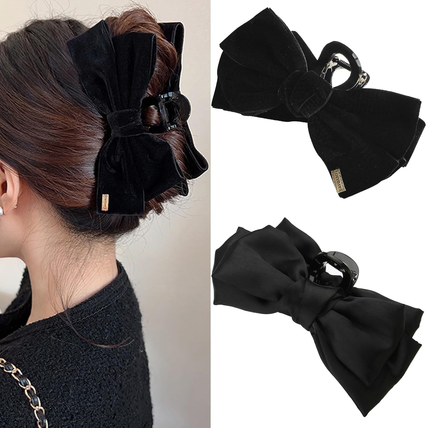 Black Bow Hair Clips for Women Girls 2Pcs Velvet Silky Satin Bow Claw Clip for Long Curly Thick Hair Strong Hold Bowknot Hair Barrettes Claw Jaw Nonslip Hair Catch Clamps Large Hair Accessories