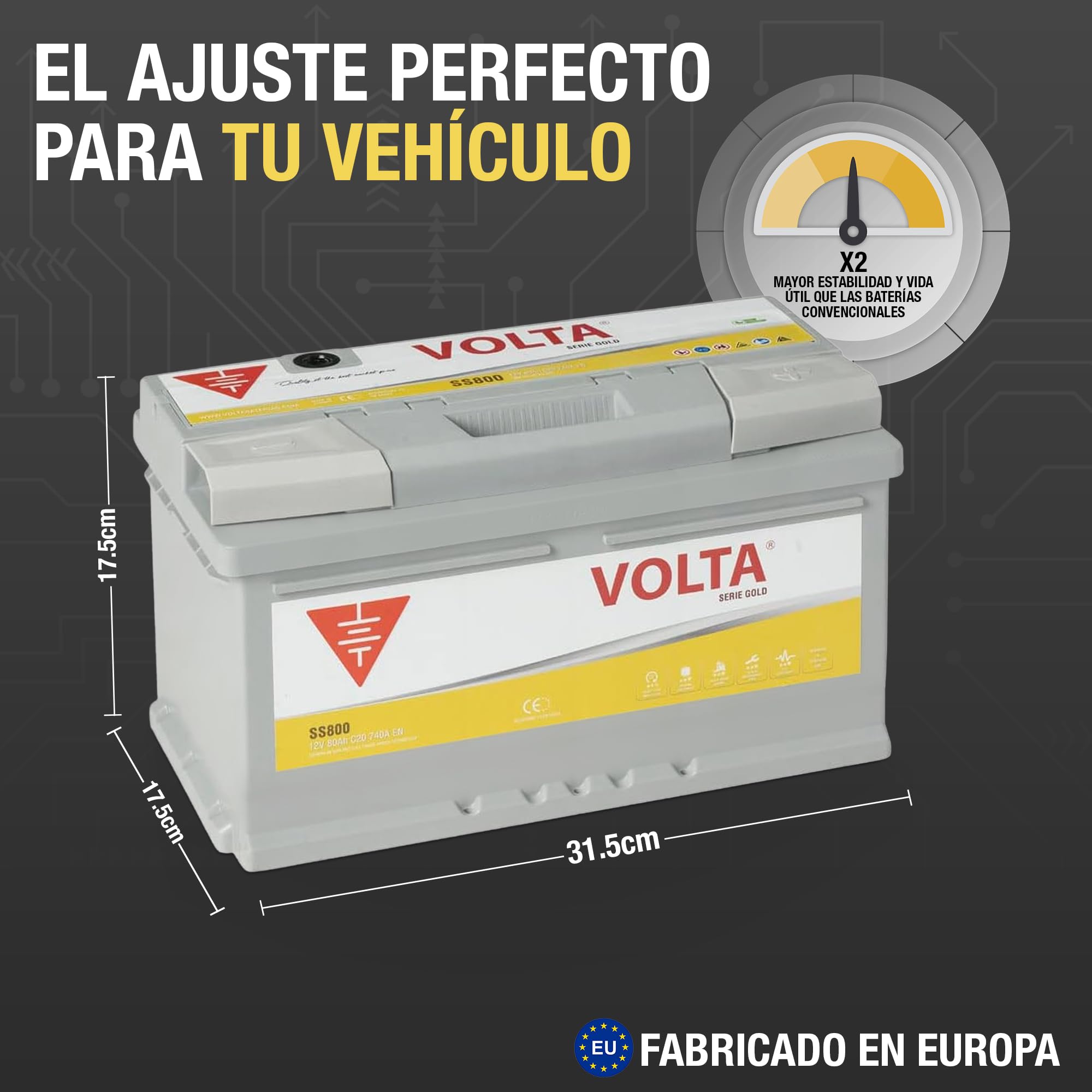 Bateria de Coche Gold 80Ah 740A Volta SS800D - Start Stop - Borne +Dcha - Medidas Largo 315 x Ancho 175 x Alto 175 mm con 2 años de Garantía - Fabricación Europea.