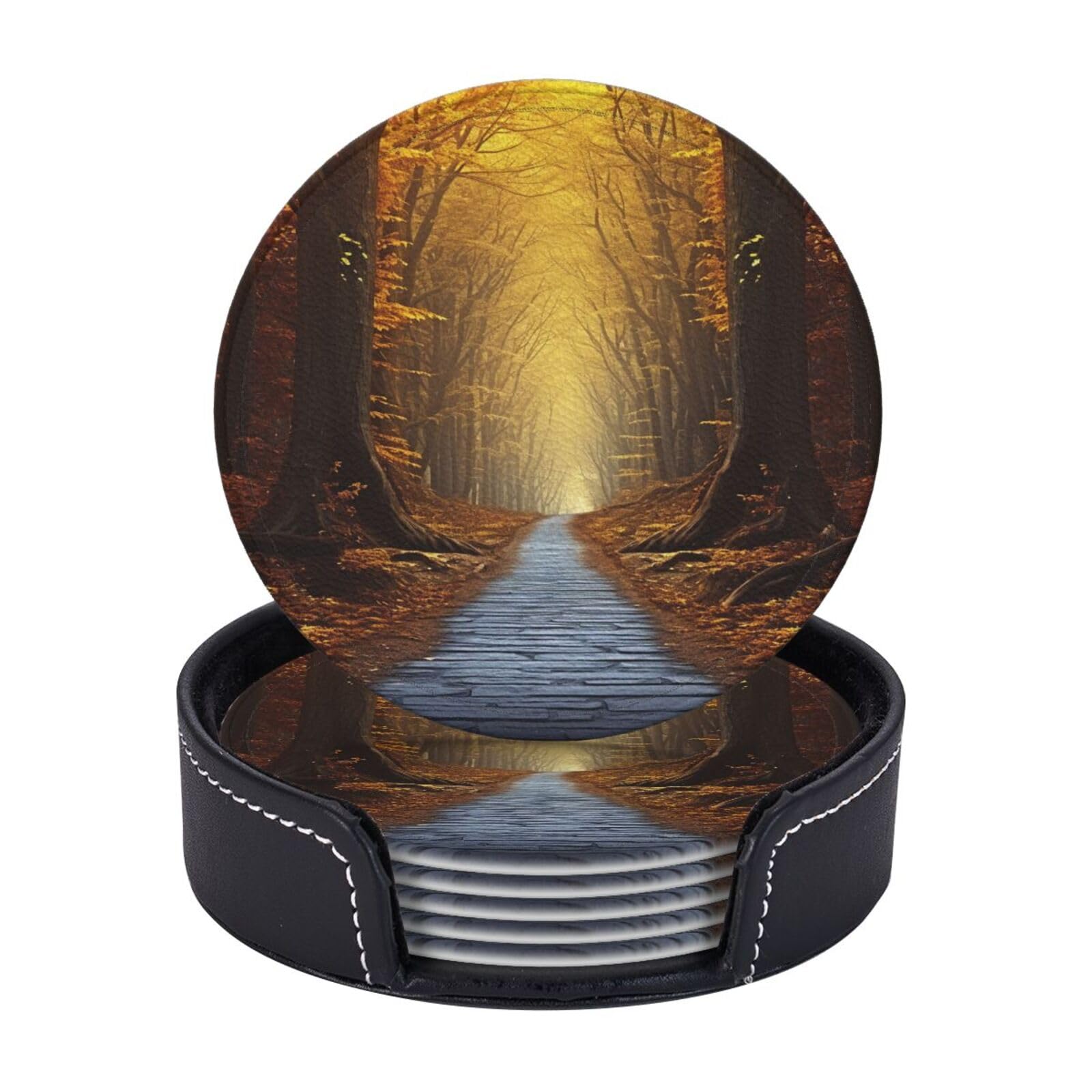 6PCS Drink Coasters with Holder, 4" Leather Coasters for Drinks, Pathway Cup Coasters for Coffee Table Decor, Non-Slip Drinking Cup Mat for Hot or Cold Drink