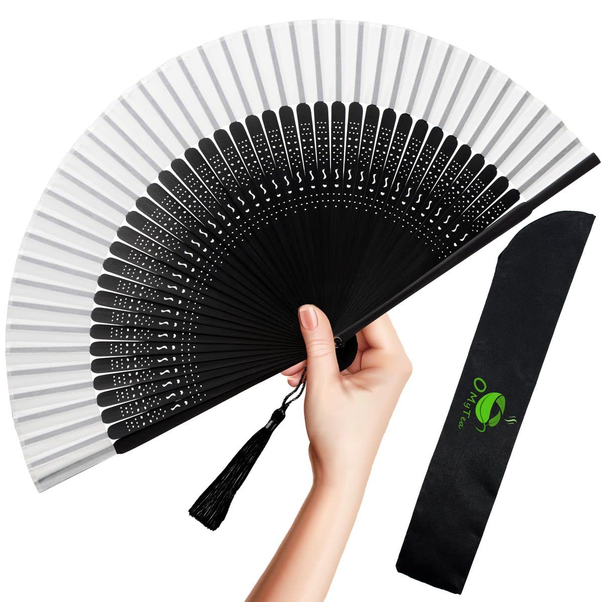 OMyTea Folding Hand Fan for Women - Foldable Chinese Japanese Vintage Bamboo Silk Fan - for Hot Flash, Church, Decoration, EDM, Music Festival, Dance, Party, Performance, Gift (Sexy Black - White) — image 1