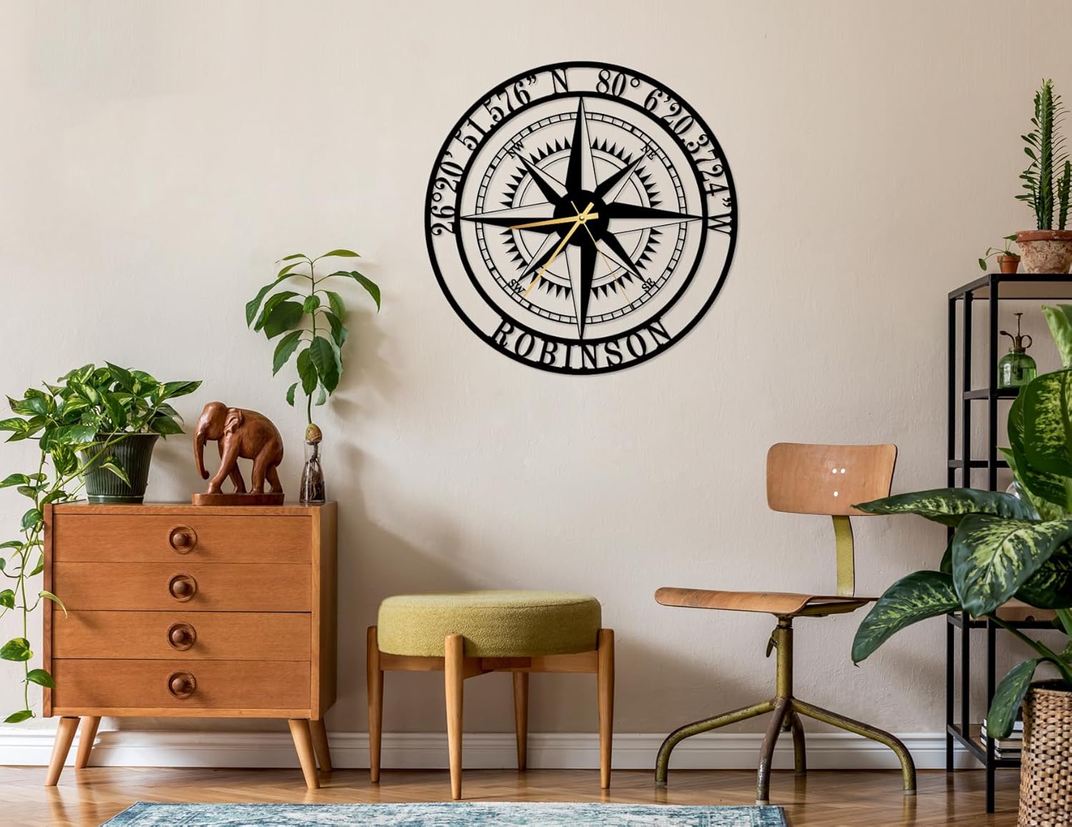 Personalized Compass Wall Clock Metal, Clock with Family Last Name and Latitude Longitude, Custom Compass Wall Clock