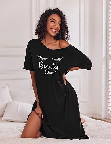 Miniatura 3 de Ekouaer Camisón largo para mujer, ropa de dormir de manga corta, talla grande, con bolsillos, M-XXXL